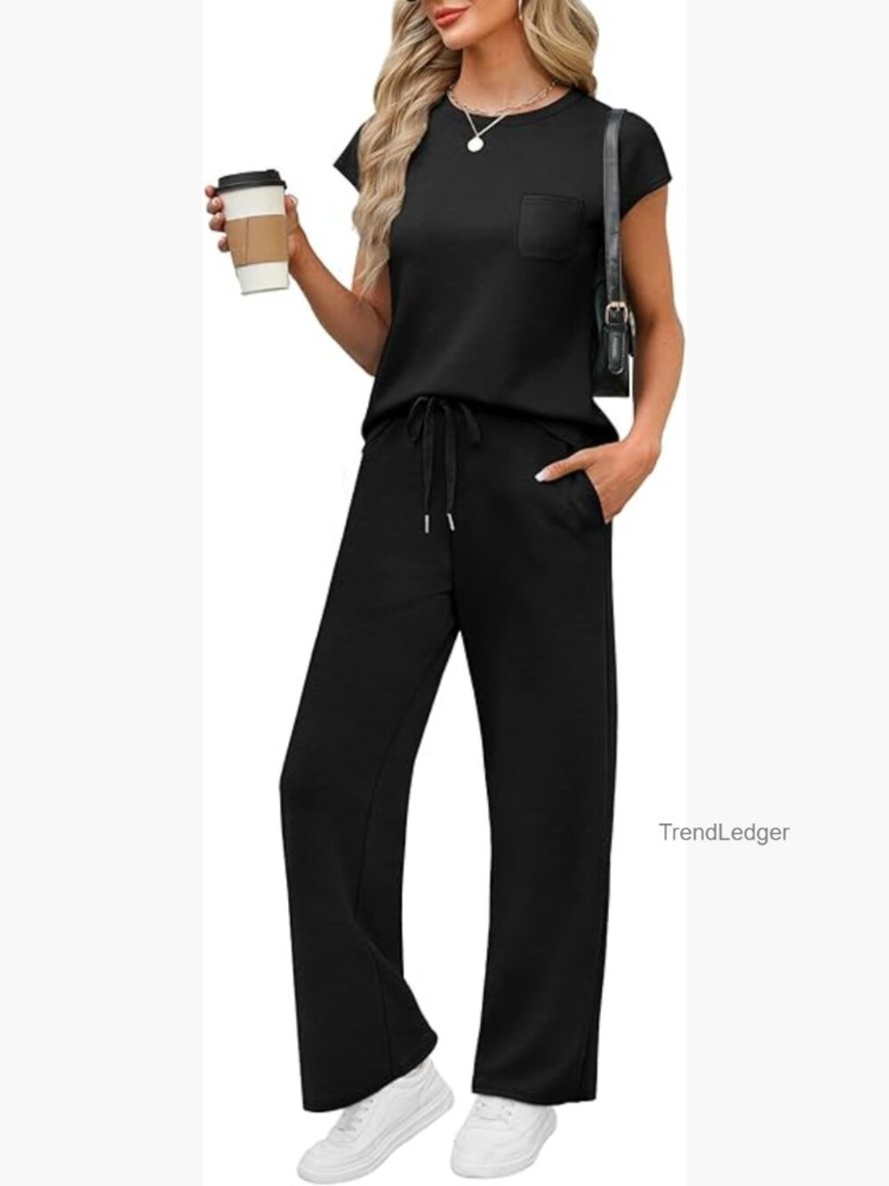Casual 2 Piece Lounge Set Travel Outfits Cap Sleeve Wide Leg Pants Set